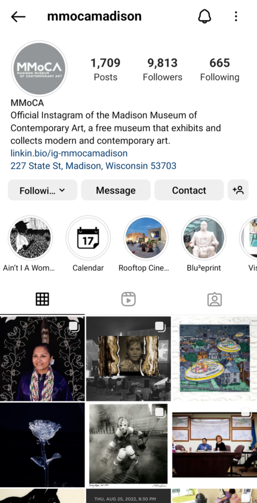 Screenshot of MMoCA's Instagram page. The "Ain't I A Woman?" pinned highlight has moved up to the first spot, indicating recent activity.
