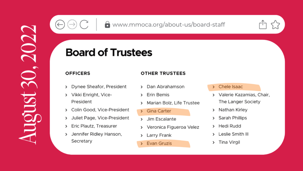 Screenshots of Board of Trustees taken eleven days apart on the MMoCA website show that four board members have left and three board members have joined between August 19 and August 30. Visit the links below for pages with accessible text.