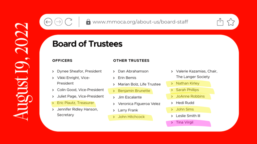 Screenshots of Board of Trustees taken eleven days apart on the MMoCA website show that multiple board members have left. Click to access pages with accessible text.