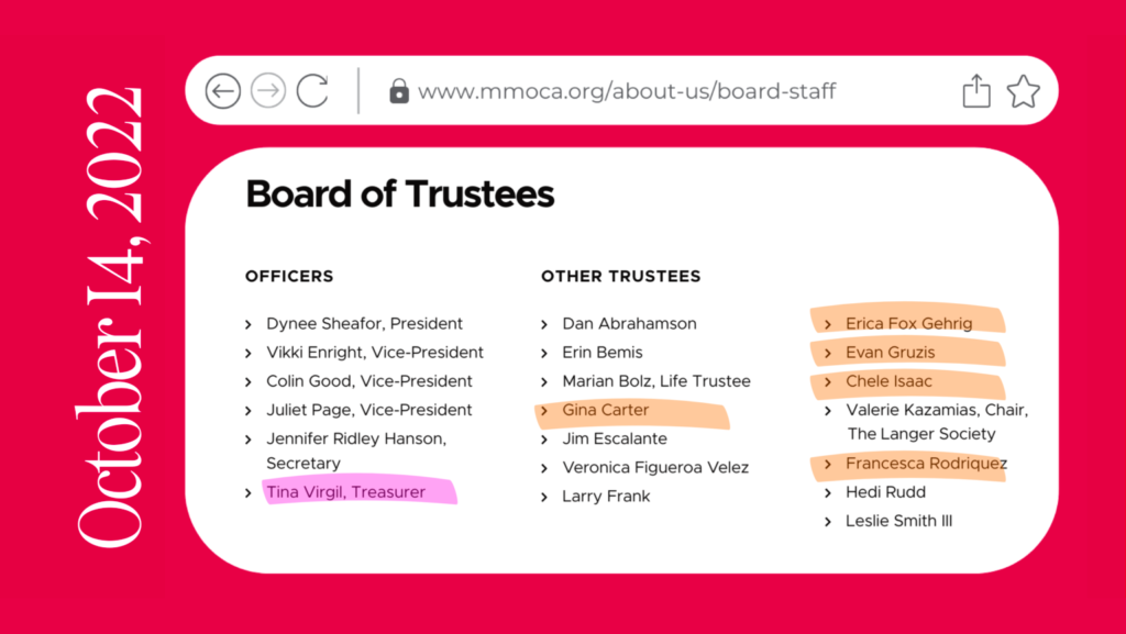 Screenshots of Board of Trustees on October 14 show that multiple board members have left Click to access pages with accessible text.